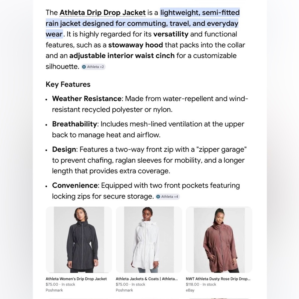 Athleta Women's Jacket-The Drip Drop water resistant two way zip stowaway hood.